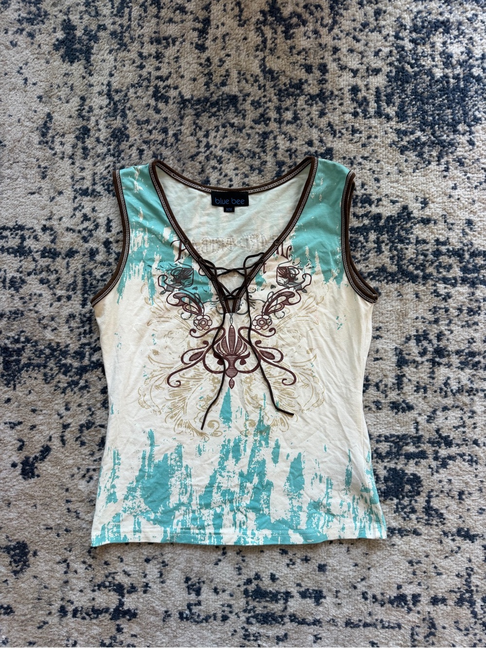 Rare Y2K BLUEBEE Cream & Turquoise Lace-Up Graphic Tank Top with suede tie